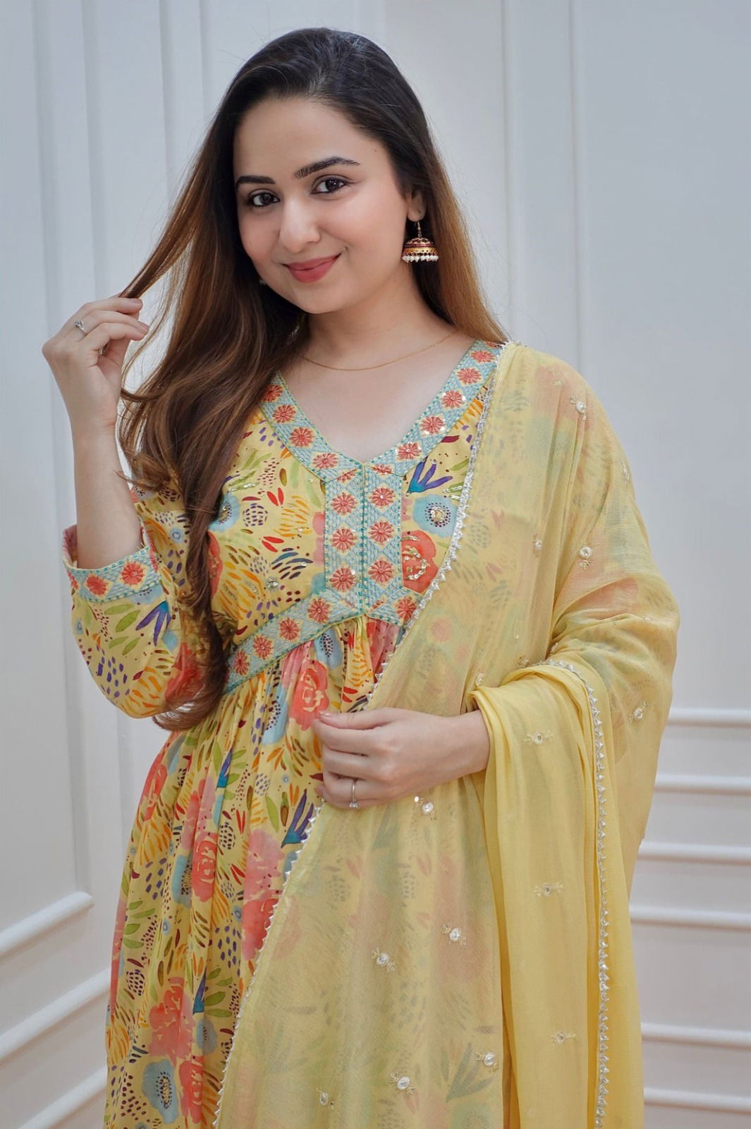 Yellow Floral Alia Cut Kurti With Pant And Dupatta Catalogue